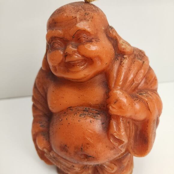 Vintage 90's Orangish Red 7" Tall Standing Laughing Buddha Candle (Never Burned) - Picture 5 of 8